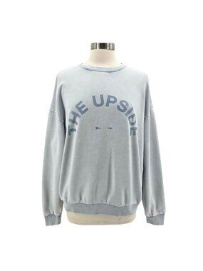 The Upside Womens Medium / 8 Sweatshirt Organic Cotton Spell Out Distressed Blue